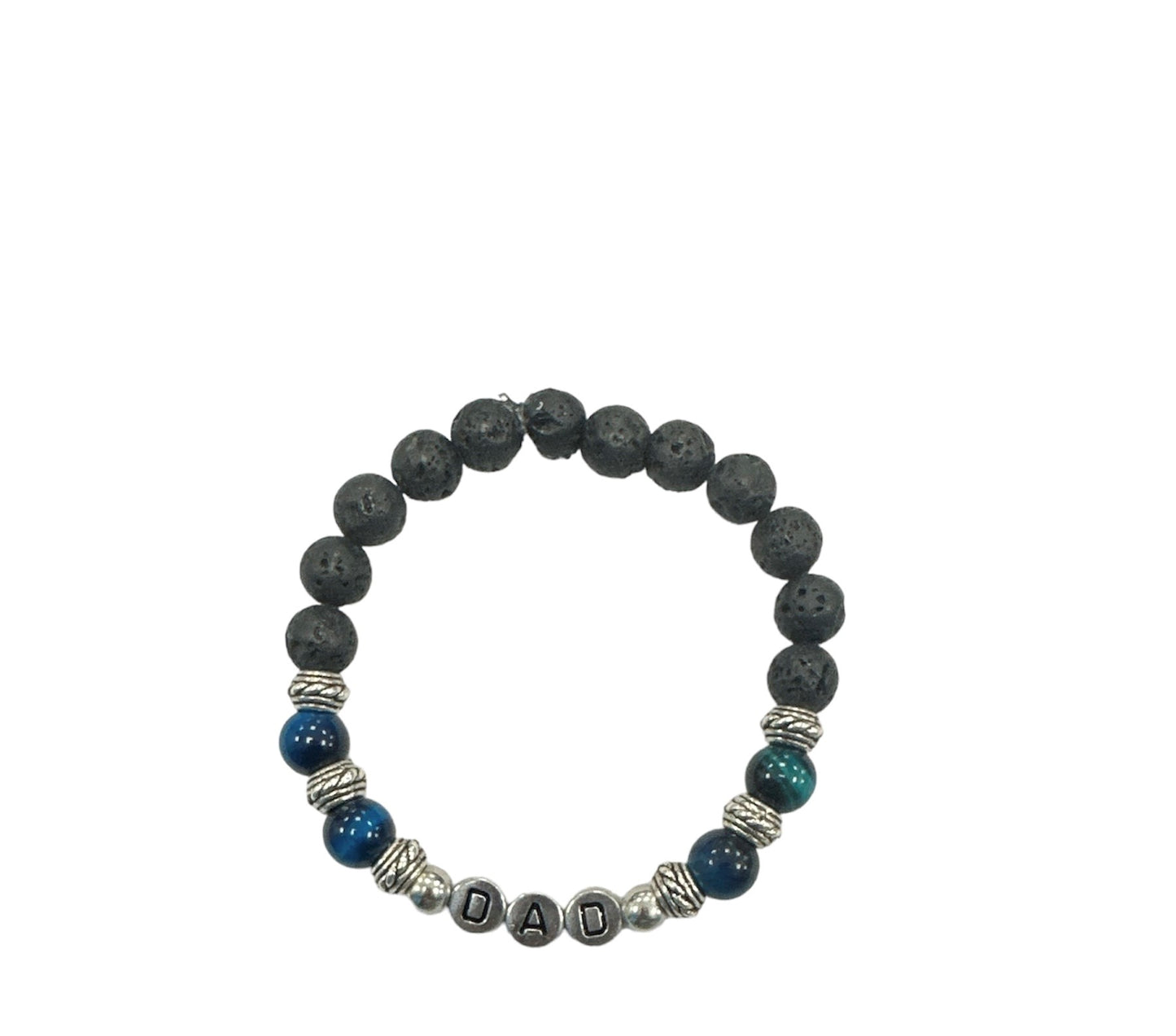 Dad bracelet with gemstones in Natural Blue colors and black round stone beads with a DAD Text in silver.
