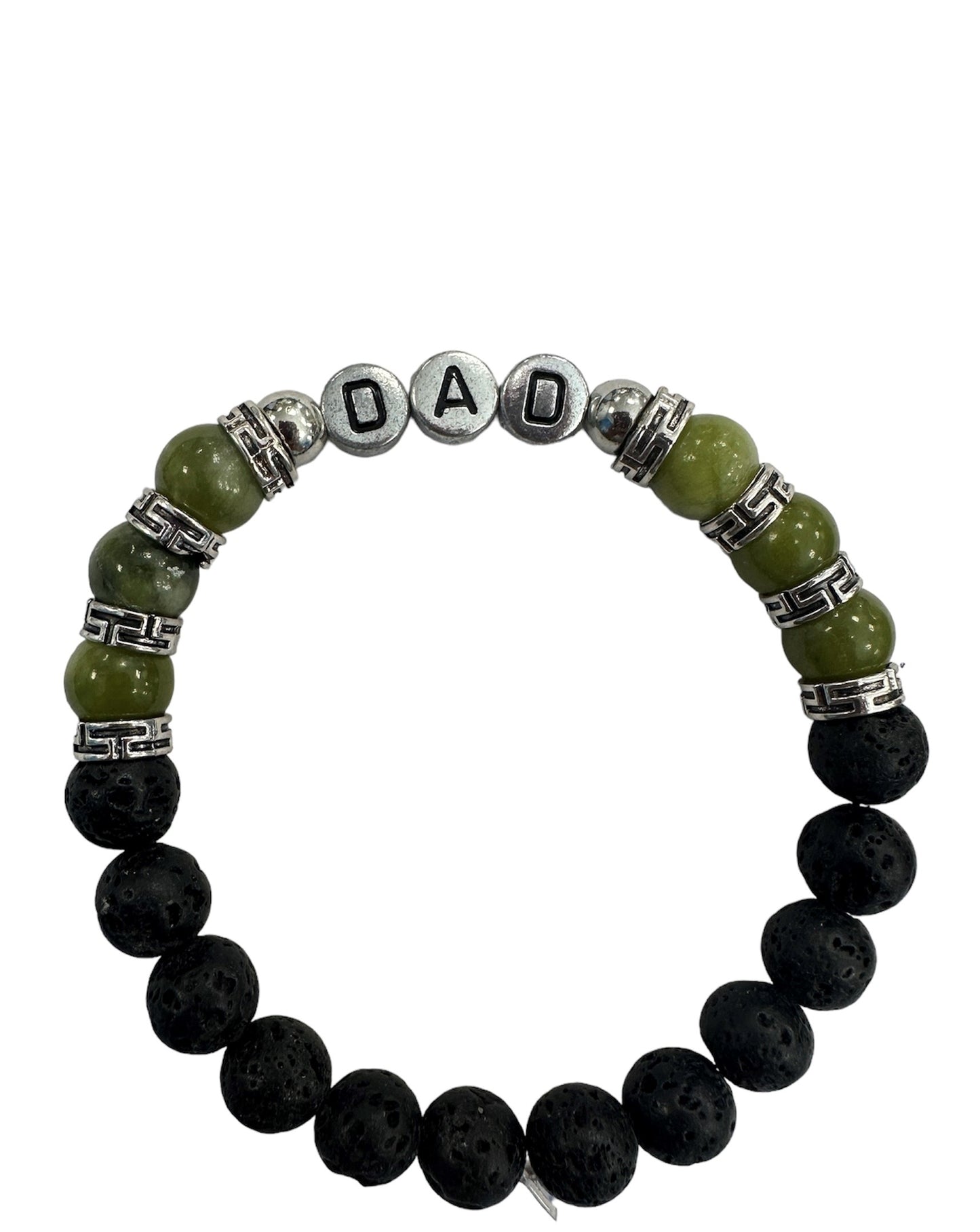 Dad bracelet with gemstones in Natural green colors and black round stone beads with a DAD Text in silver.