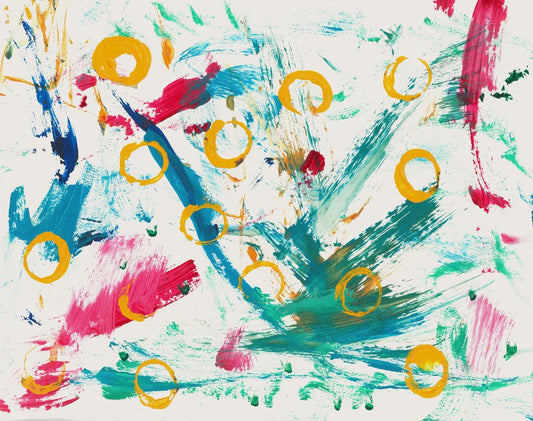 Abstract Painting on mostly white background with splatters of green, blue, and red with yellow circles on top