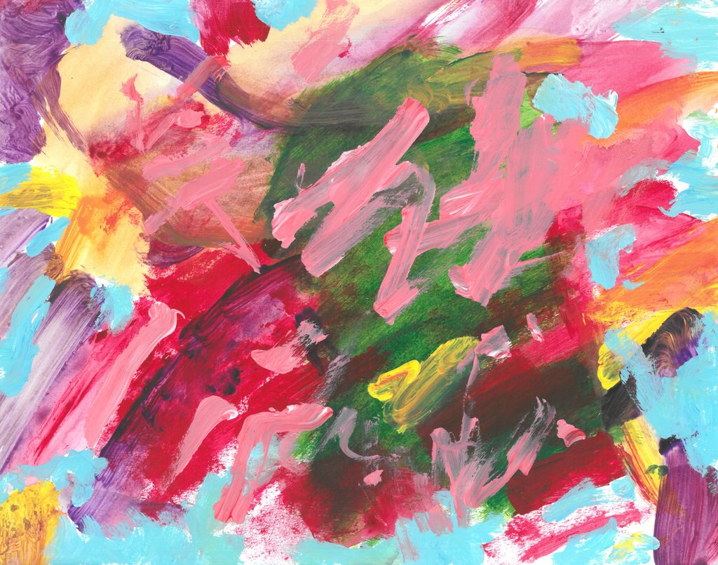 Abstract painting with various layered strokes of red, pink, green, purple, blue, and yellow