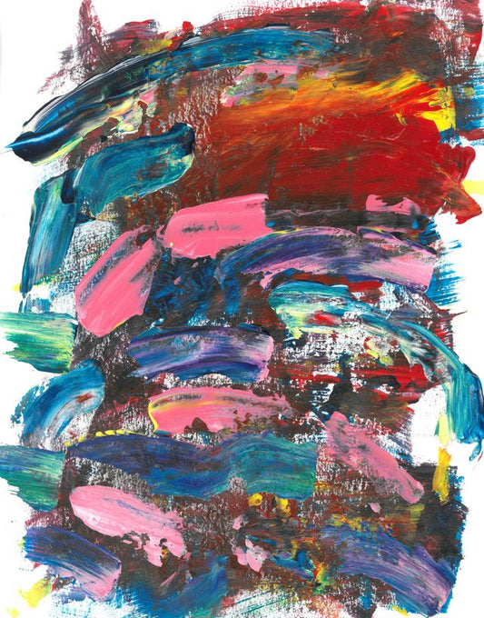 Abstract Painting with wipes of pink and blue on top of a mixture of dark colors