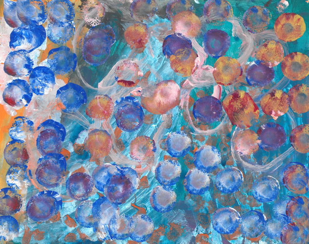 Painting of blue and goldih red dots on top of a bacground of teals