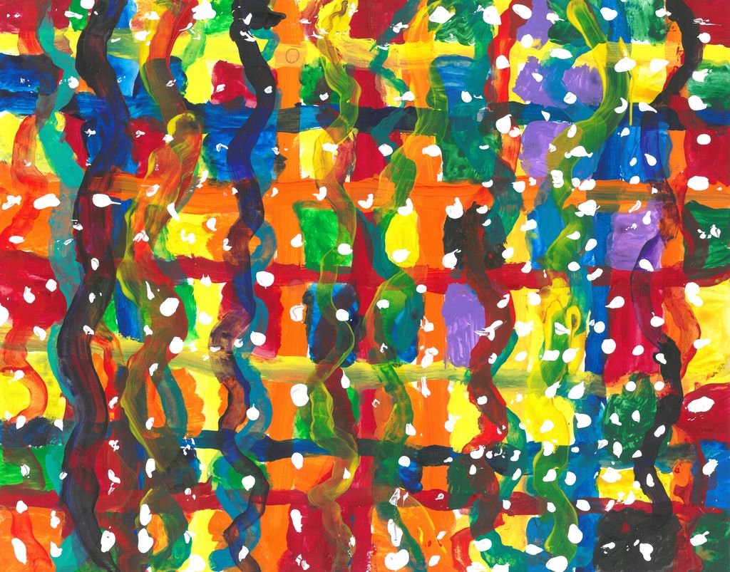 Abstract Painting with wavey multicolored lines creating grids and that are polkadotted