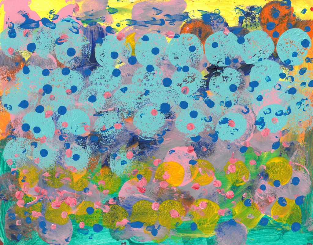 Abstract painting of blues, pinks, and yellows with dots and circles