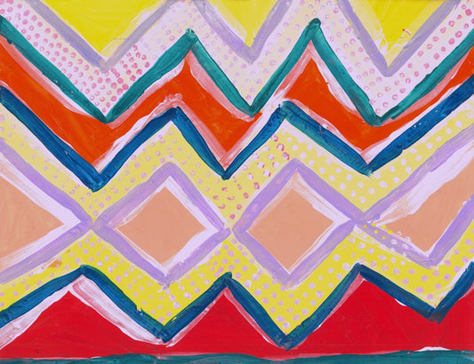 Painting of different colored zig zags that are outlined in purple, green, and blue. Every other zig zag is alternating with pink dots on top