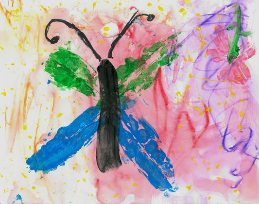 Painting of a buttefly with wings of green and blue against an abstract background of red, yellow, and purple
