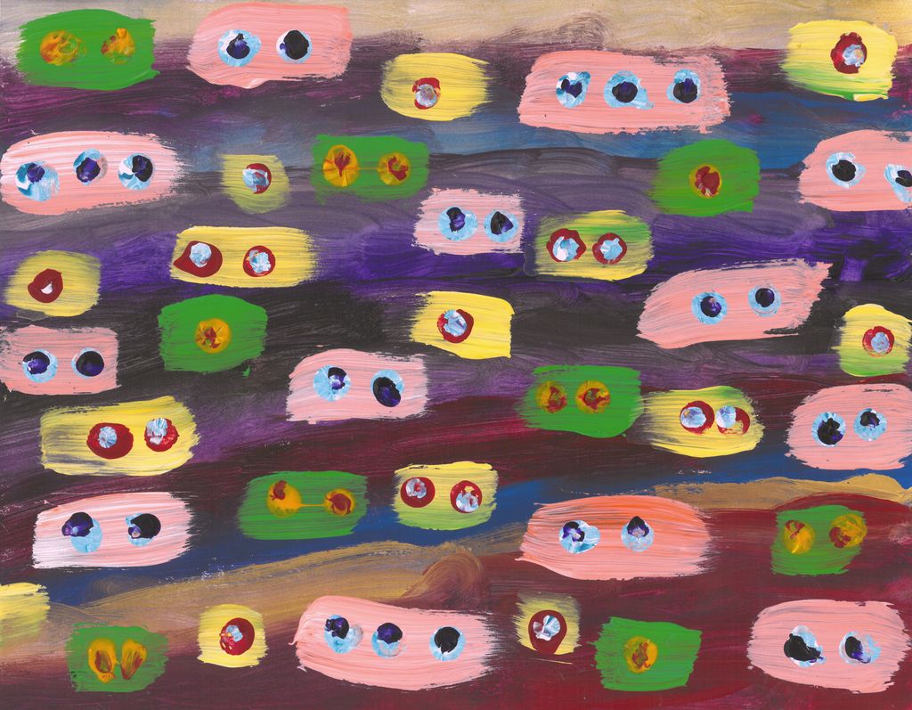Painting of green, peach, and yellow short stripes that contained multicolored pairs of dots inside. These are on top of a background of a dark background of horizontal stripes of blue, purple, red, and gold
