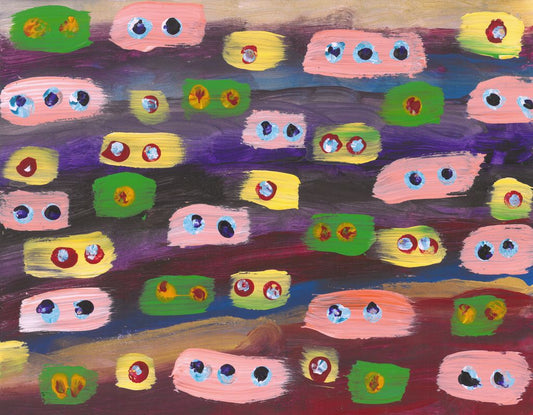Painting of green, peach, and yellow short stripes that contained multicolored pairs of dots inside. These are on top of a background of a dark background of horizontal stripes of blue, purple, red, and gold