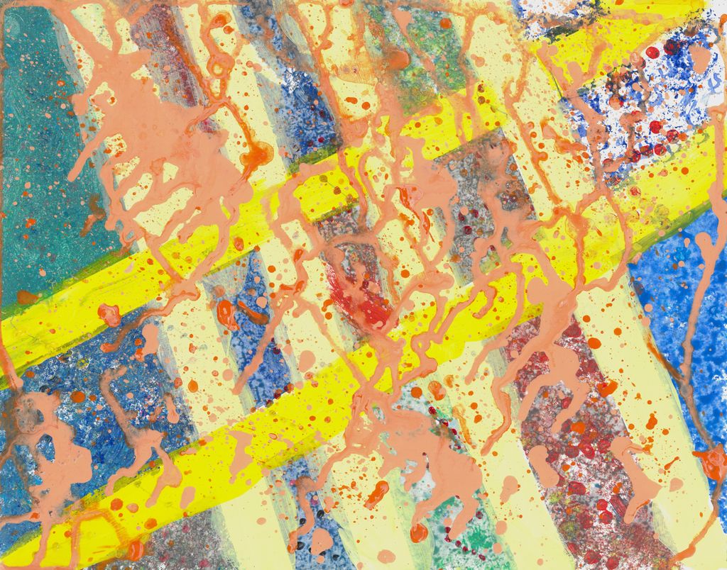 Abstract painting with diagonal lines of yellow with each section filled out green and blue, and orange splatters on top