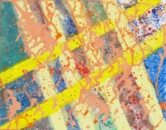Abstract painting with diagonal lines of yellow with each section filled out green and blue, and orange splatters on top