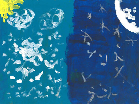 abstact painting of two sections of light blue ans dark blue. in each top corener there is a slight indication of the sun and moon, with white stars and clouds