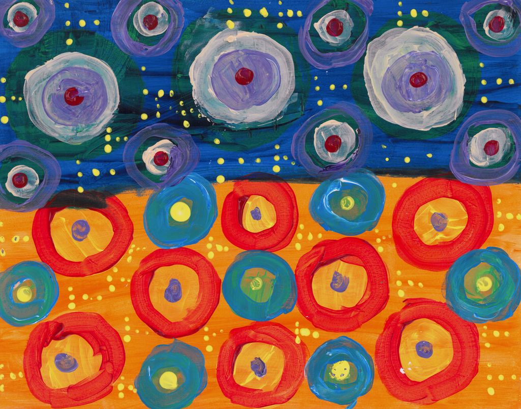 Painting divide in half with the top being a dark blue and the bottom being orange with alternating circles of red and blue with centers of yellow and purple on the bottom and yellow and purple circles on the top with red dots inside
