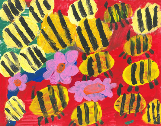 Painting of bees and pink flowers against a red background