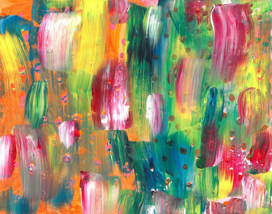 Abstract painting of various colored short brush strokes of yelow, pink, green, and blue with dots peeping through