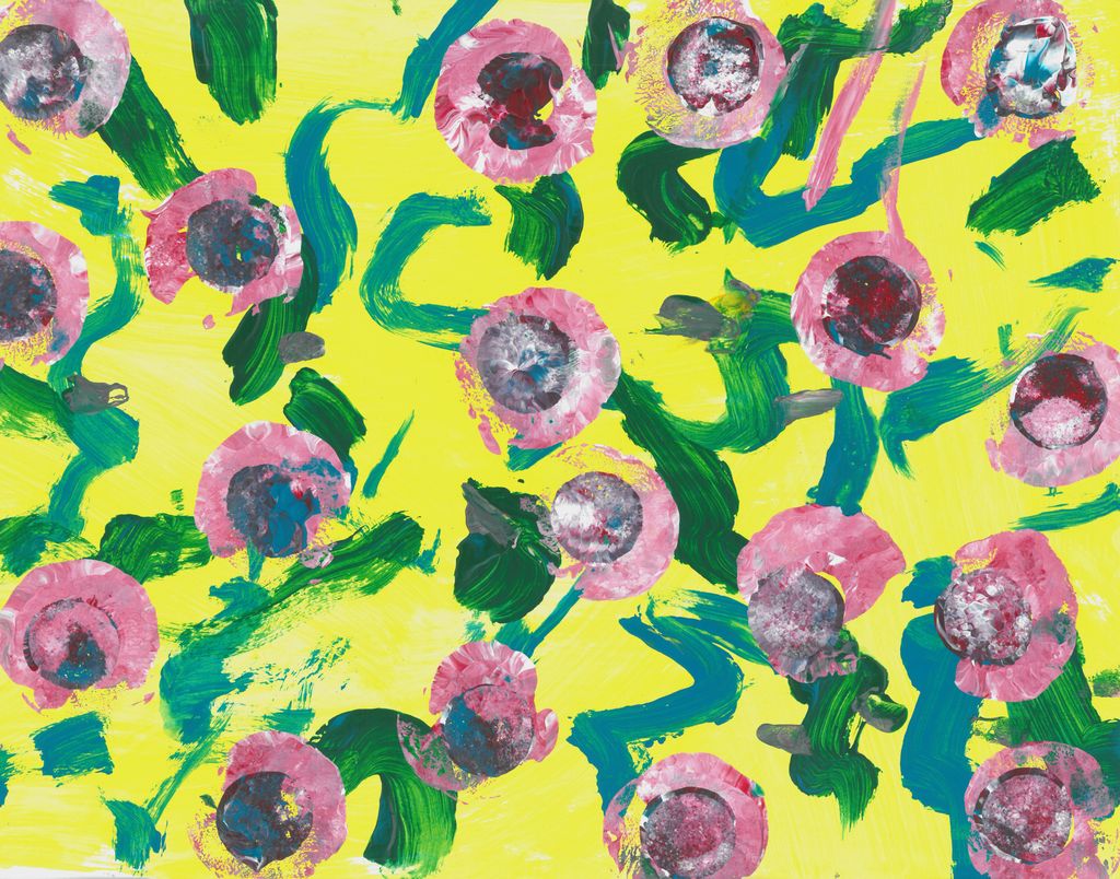Painting of pink dots near green and teal squigly lines that are reminiscent of flowers on top of a yellow background