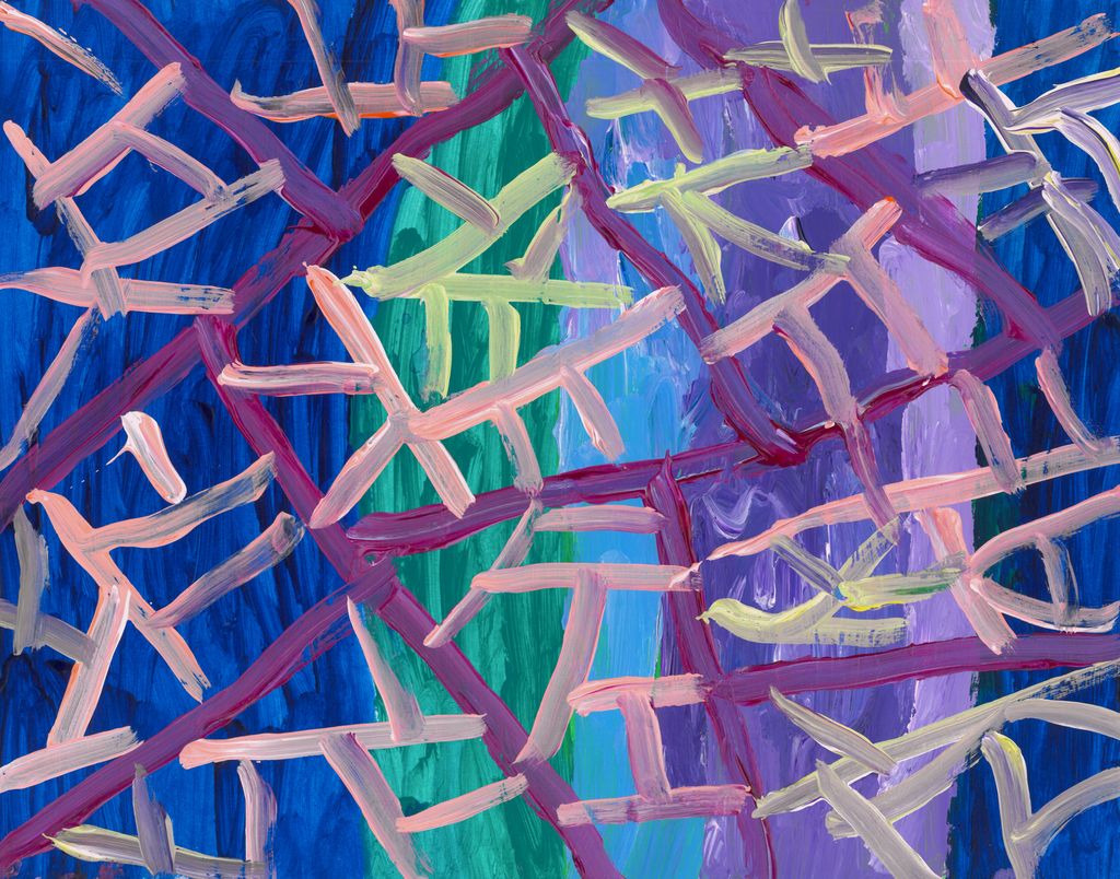 Abstract painting of pink and yellow webs over a verticle striped background of blues, green, and purples