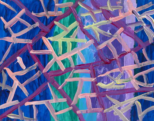 Abstract painting of pink and yellow webs over a verticle striped background of blues, green, and purples