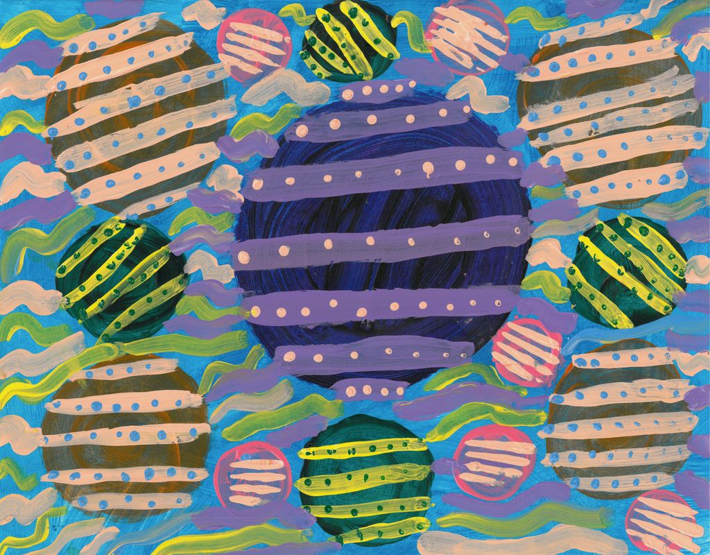 Painting of different sized and colored circles with stripes and dots on top