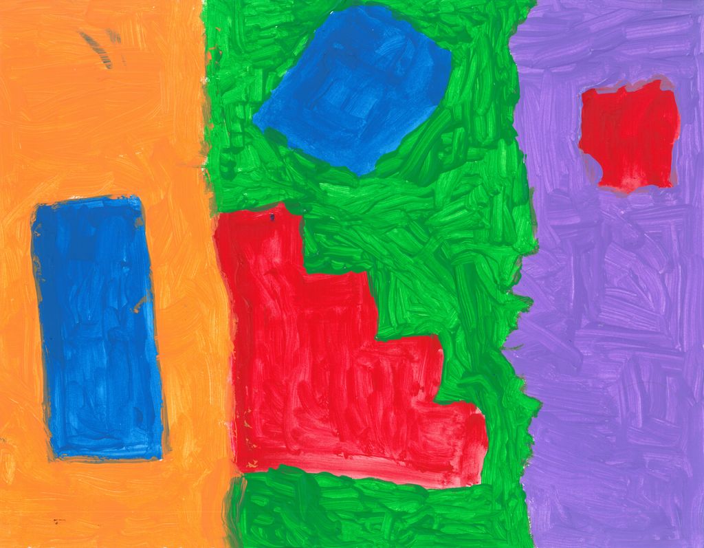 Acrylic painting divided into three sections: orange, green, and purple with two blue rectangles and 1 red stairs, and 1 red square inside