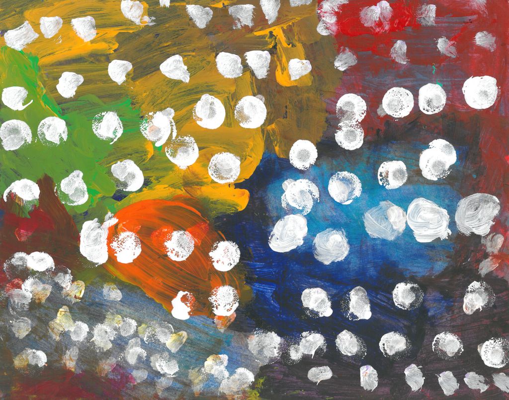 Abstract painting of white dots on top of a muticolored background of sections of green, yellow, red, blue, and orange