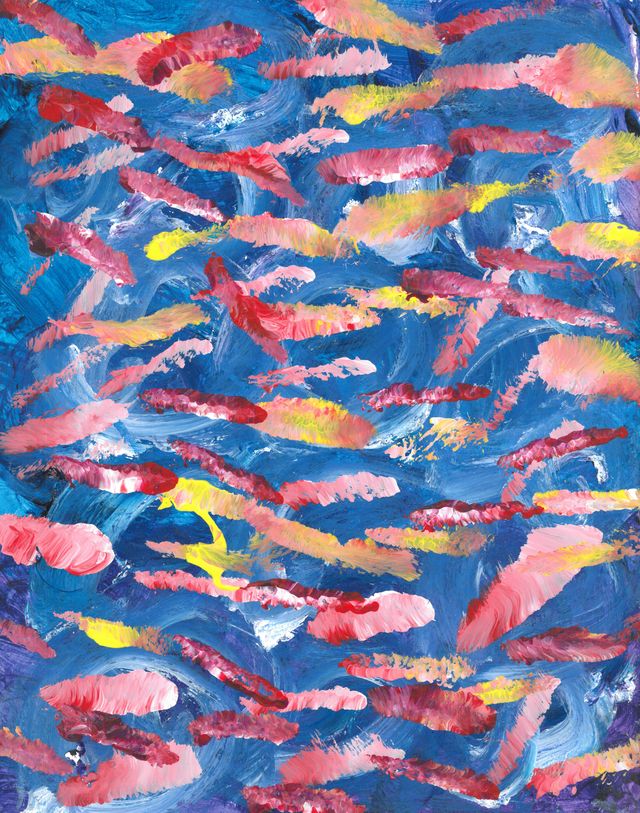 Painting of short slightly overlapping lines of pink and yellow on top of a swirled background of blues