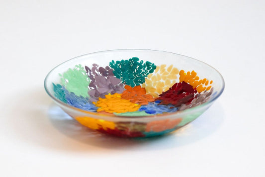 clear circular bowl with a grid of colors