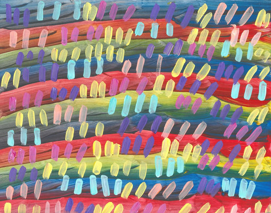 A series of alternating sets of three verticle thin short stripes of light: blue, yellow, pink, purple, and peach on top of rows of dark stripes of blue, red, and yellow