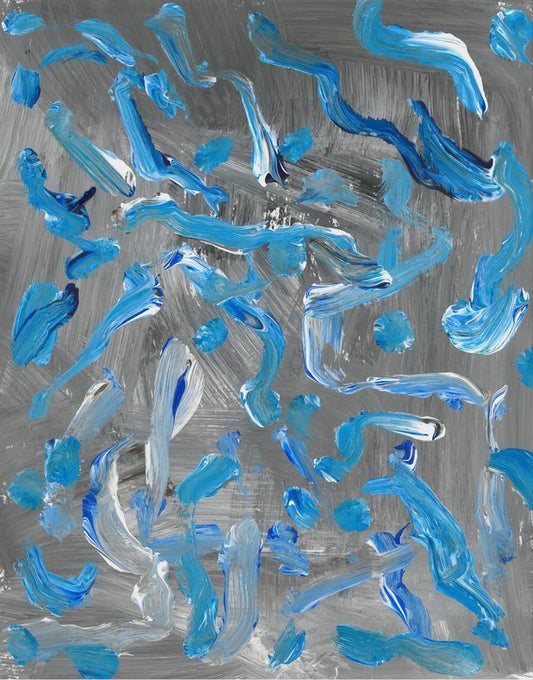Painting of various shades of blue squiggly lines on top of a gray background