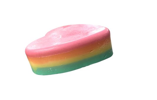 heart soap with layers of pink, orange, yellow and green
