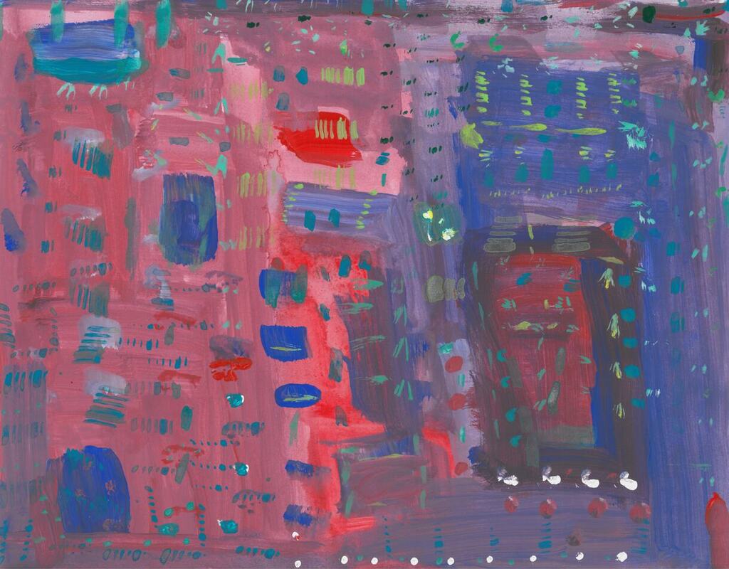 painting of various shades of purple with accents of green and blue
