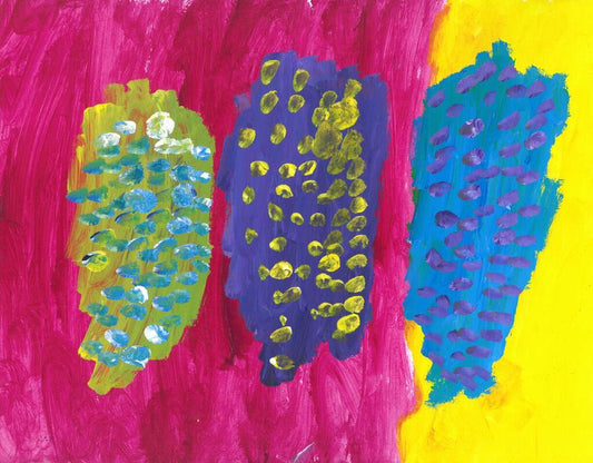 pink and yellow background with three areas of color with dots ontop
