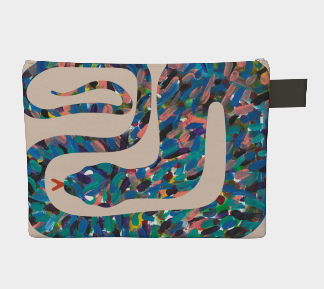 two sided zipper pouch of two different snake patterns- blue and greens on one side and multicolored on the other
