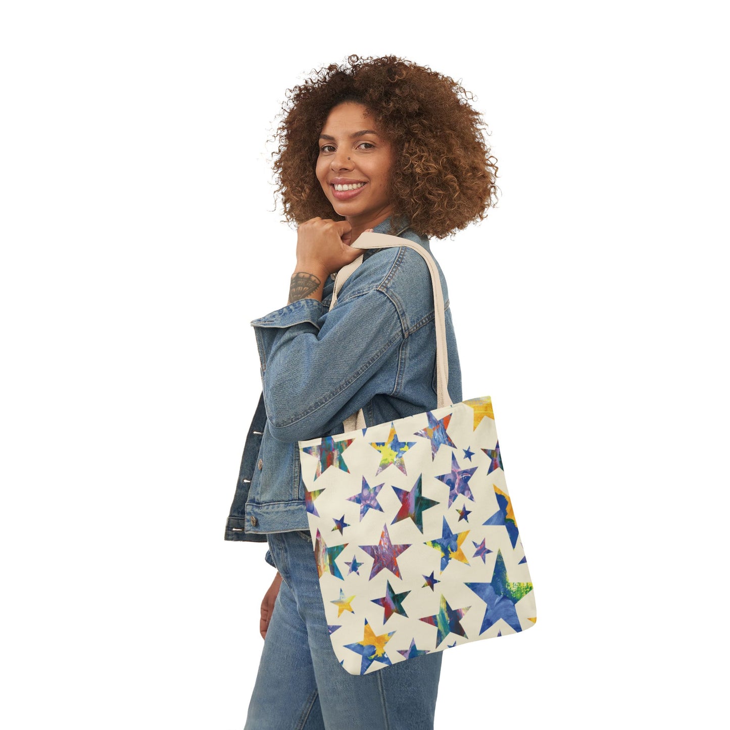 light yellow tote bag with multicolored stars
