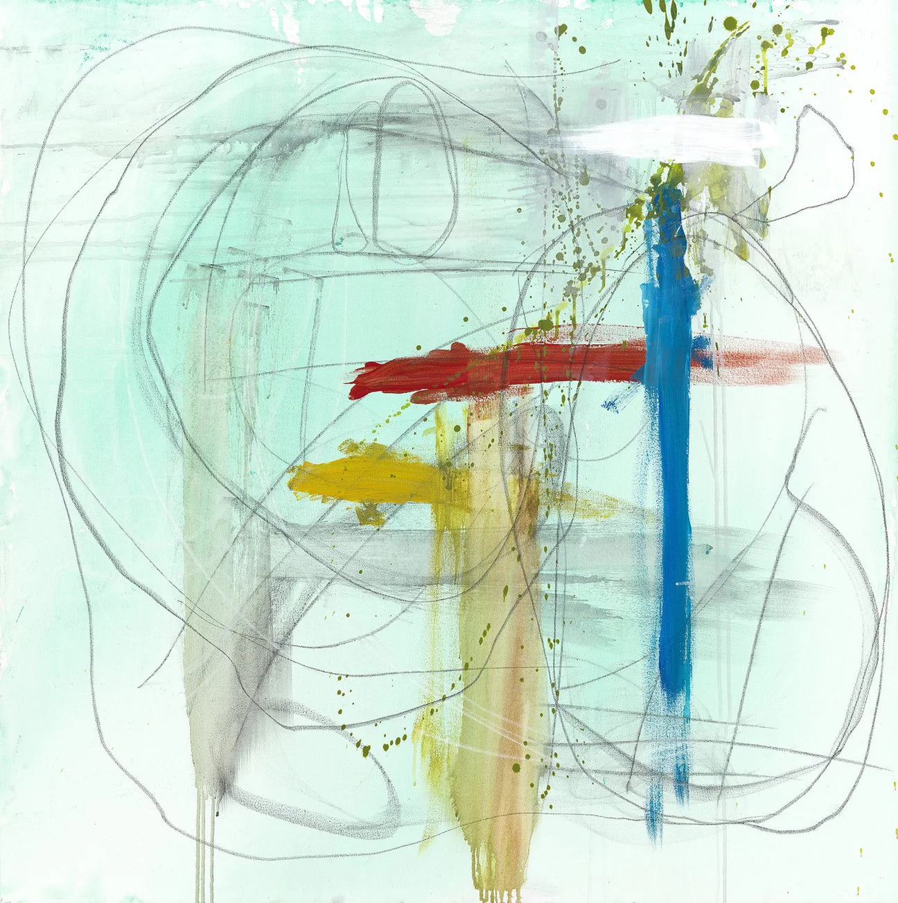 Abstract painting of red, yellow, blue, and grey lines on a light green background