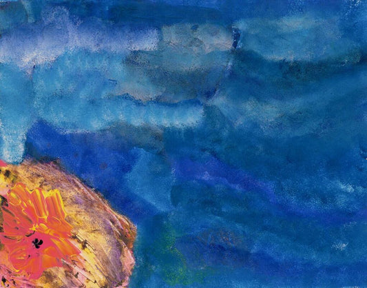 blue painting with a corner of it pink