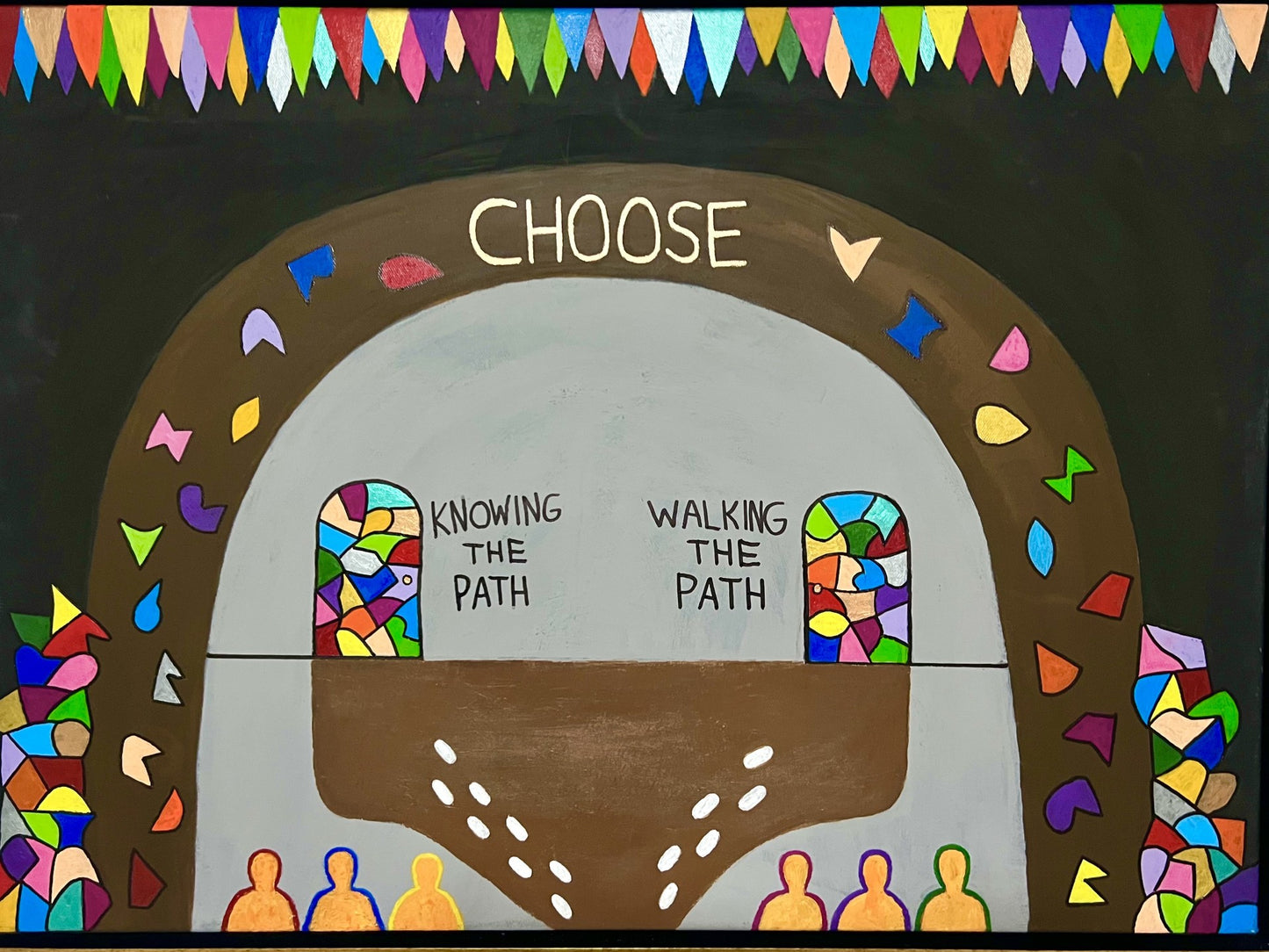 artistic rendering of a cave with two choices: "knowing the path" or "walking the path"