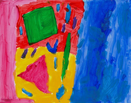 primary colors and shapes make up a side ways face