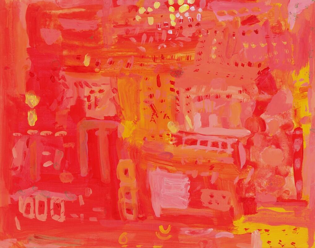painting of washes of red, orange, and yellow