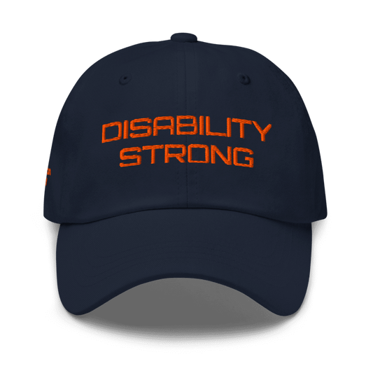 navy baseball cap with orange embroidered saying "disability strong"