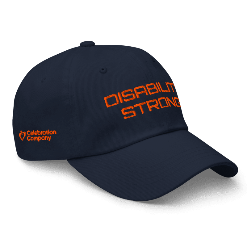 navy baseball cap with orange embroidered saying "disability strong"