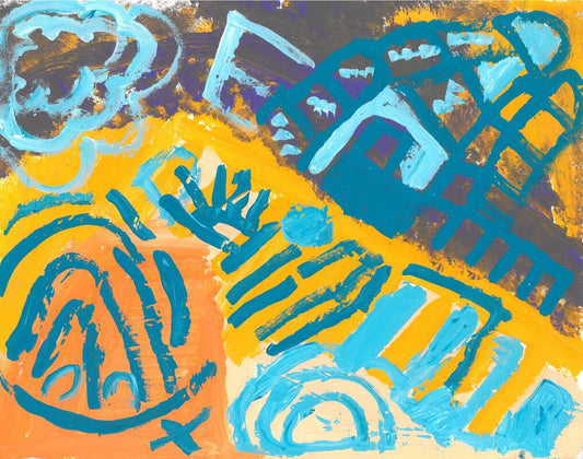 painting of blue lines ontop of orange background