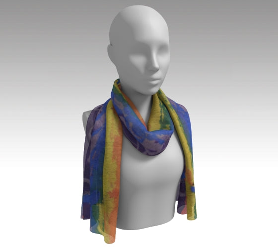 long scarf with horizontal lines of colors of red, orange, yellow, green, blue, light purple, and dark purple.