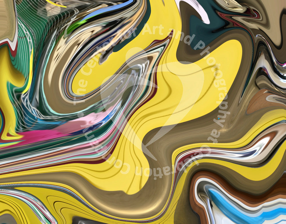 Artwork depicting swirling design of yellow, gold, green, pink swirl
