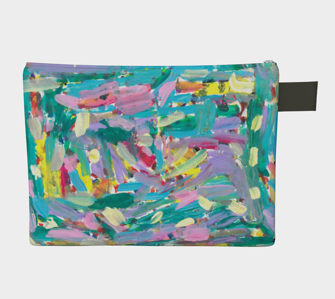 Zippered carrayall depicting pink, turquoise, lavender, green and yellow paint streak design