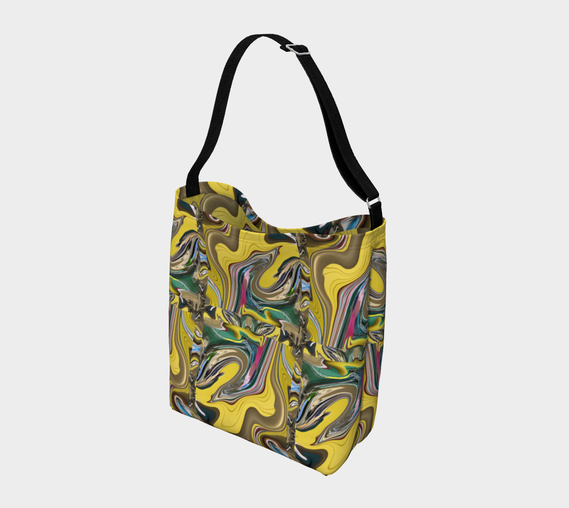 Crossbody bag with black strap and swirling design of yellow, gold, green, pink swirl