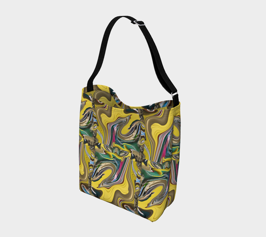 Crossbody bag with black strap and swirling design of yellow, gold, green, pink swirl