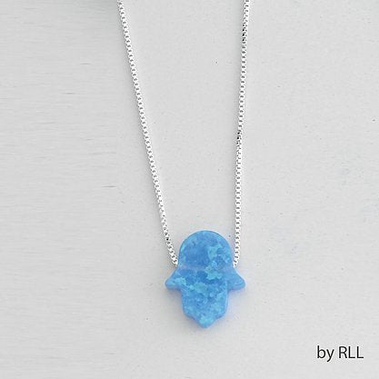 Opan blue Hamsa charm on a silver chain