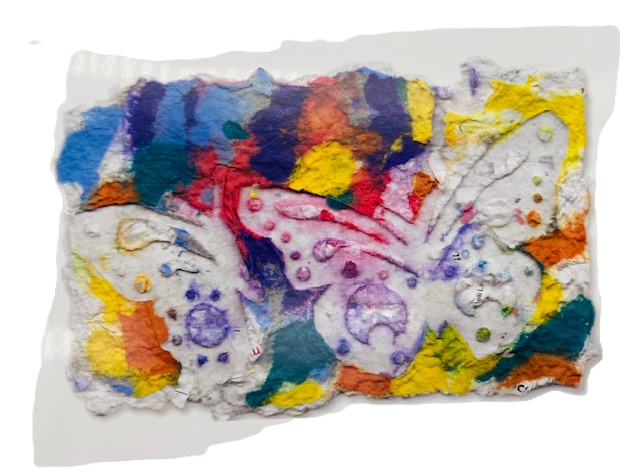 Graphic greeting card with light blue, teal, purple, yellow and red colors melted in the background with large white butterflies over top