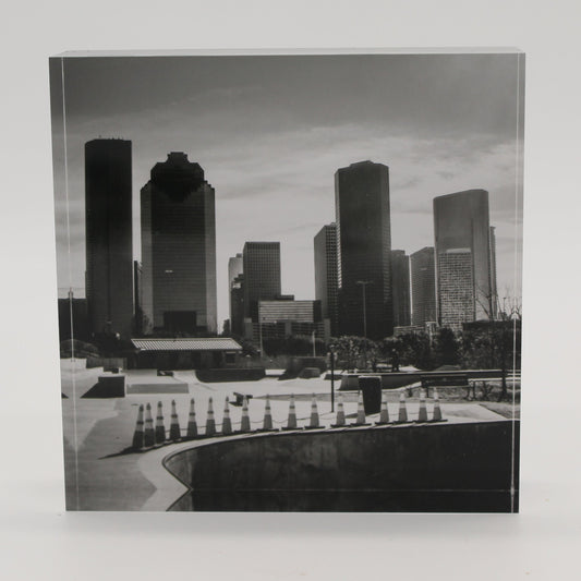 Acrylic block depicting black and white photo of Houston skyline