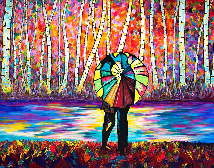 colorful painting of couple behind umbrella amongst aspens